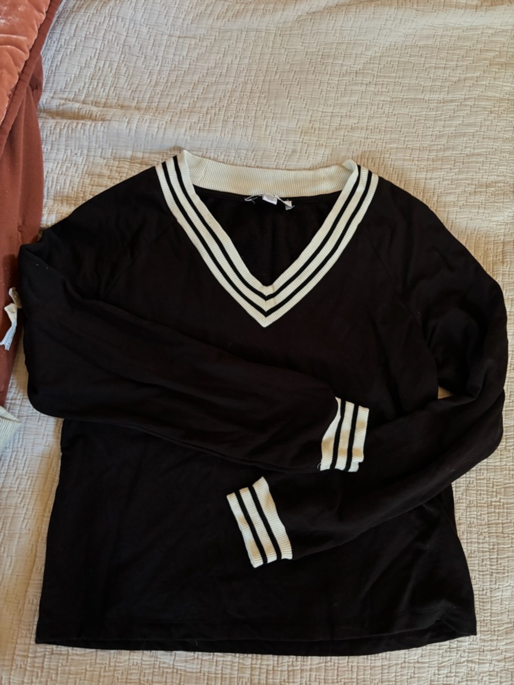 Magaschoni Black V-Neck Sweater with Cream Stripe Trim
